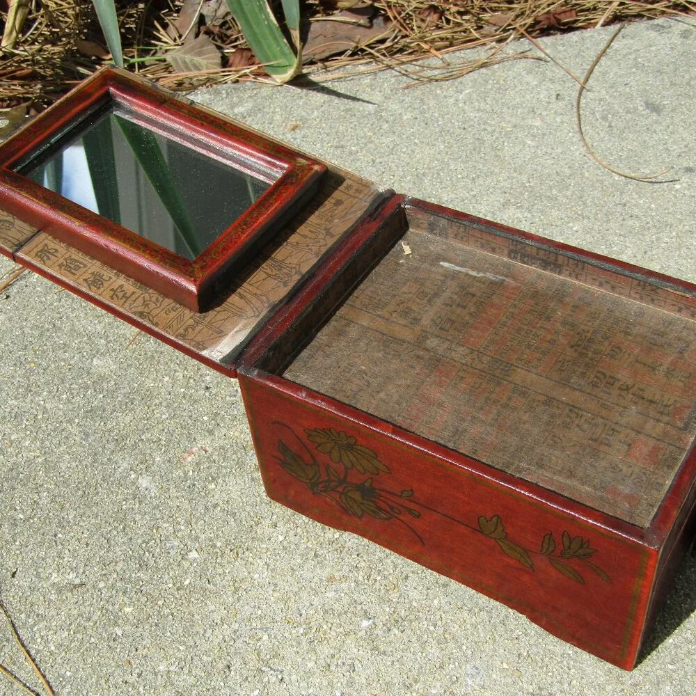 Vintage Chinese Red Lacquer Vanity Jewelry Box with Mirror & Dragon Motif